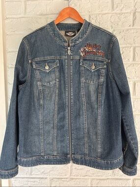Harley Davidson Embellished and Embroidered Zip Front Jean Jacket
